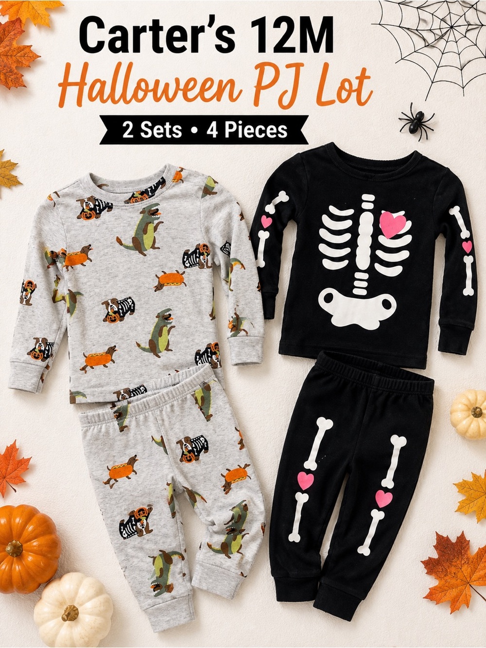 Carter’s 12M Halloween Pajama Lot Skeleton & Dog 2 Piece Sets